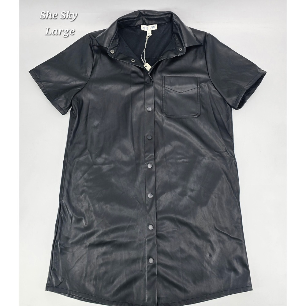She Sky Faux Leather Shirt Dress Black Snap Front Pocket Vegan Leather Large NWT